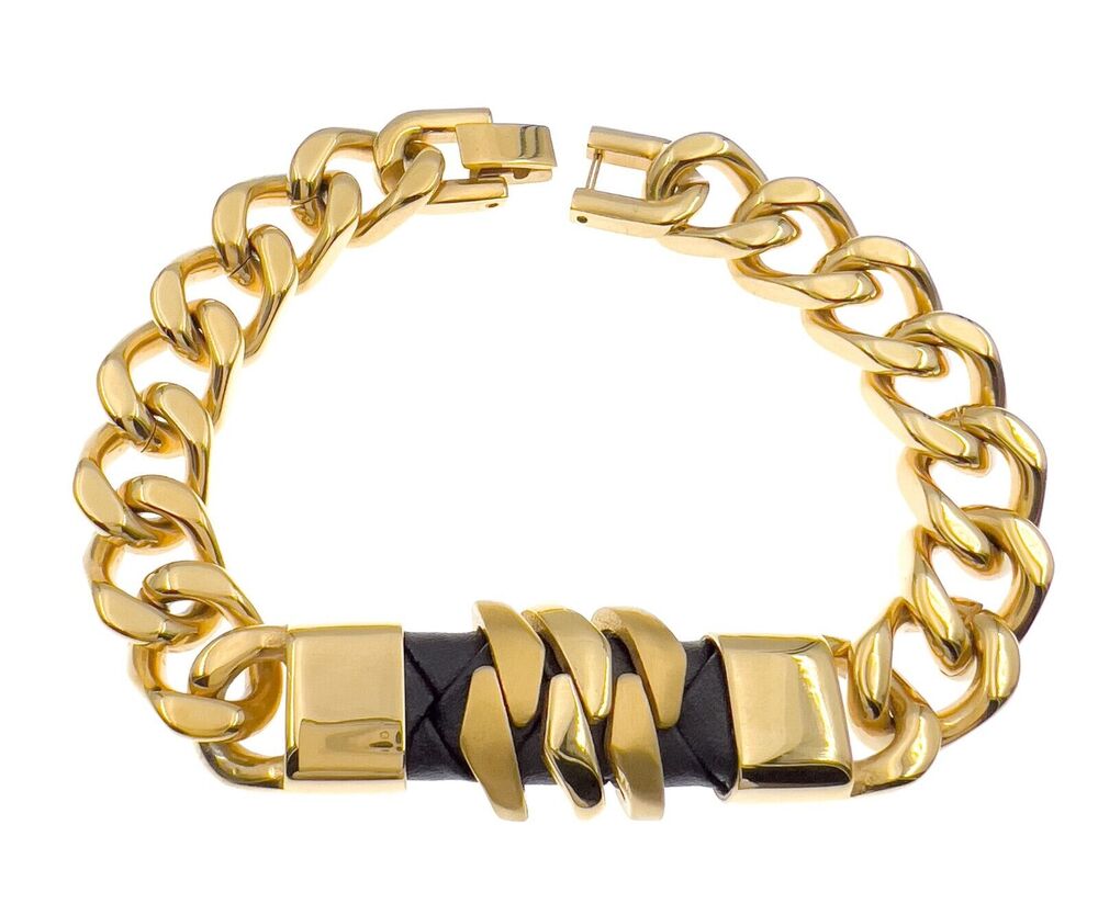 Stainless Steel Bracelet Gold Tone Cuban Link Black Leather Mens 8" 11mm